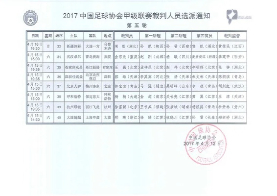 2017中超第25轮裁判 裁判名单及比赛安排